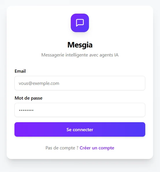 Écran de connexion Mesgia : e-mail, mot de passe, bouton Se connecter